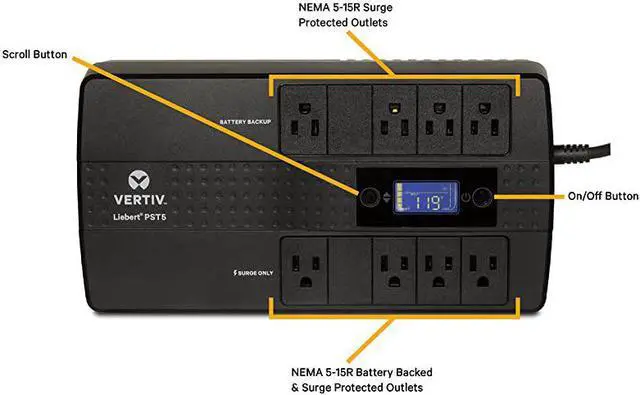 Alt view image 2 of 4 - Vertiv  PST5 850VA 500W UPS with Battery Backup amp Surge Protection Eight outlets and a ThreeYear Full Unit Warranty PST5850MT120