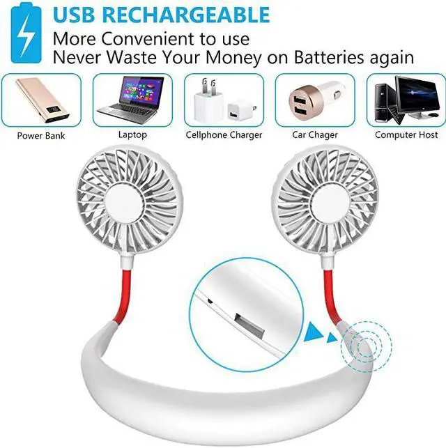 Alt view image 4 of 7 - Free Portable Neck Fan Rechargeable Mini USB Personal Fan Battery Operated with 3 Level Air Flow 7 LED Lights for Home Office Travel Indoor Outdoor White