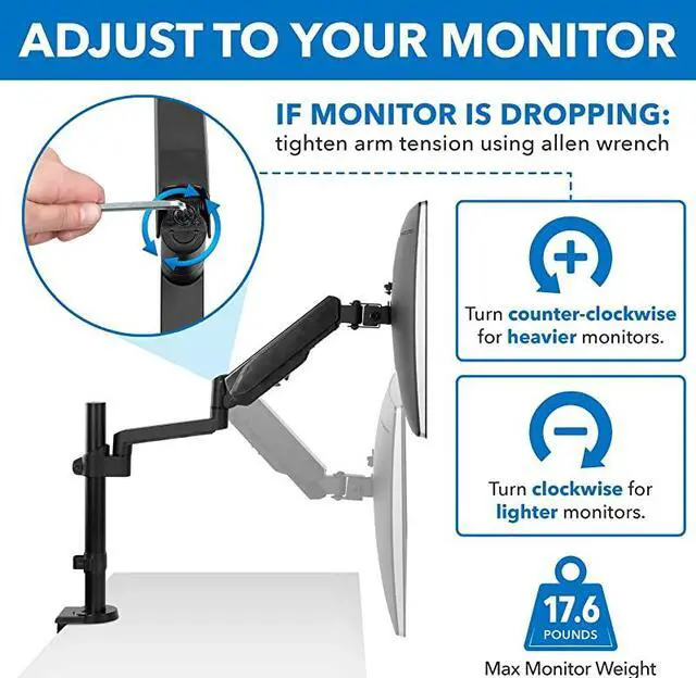 Alt view image 7 of 7 - Single Monitor Arm Mount | Desk Stand | Full Motion Height Adjustable Articulating Gas Spring Arm | Fits 19 21 24 27 29 30 32 Inch VESA Compatible Computer Screen | CClamp and Grommet Base