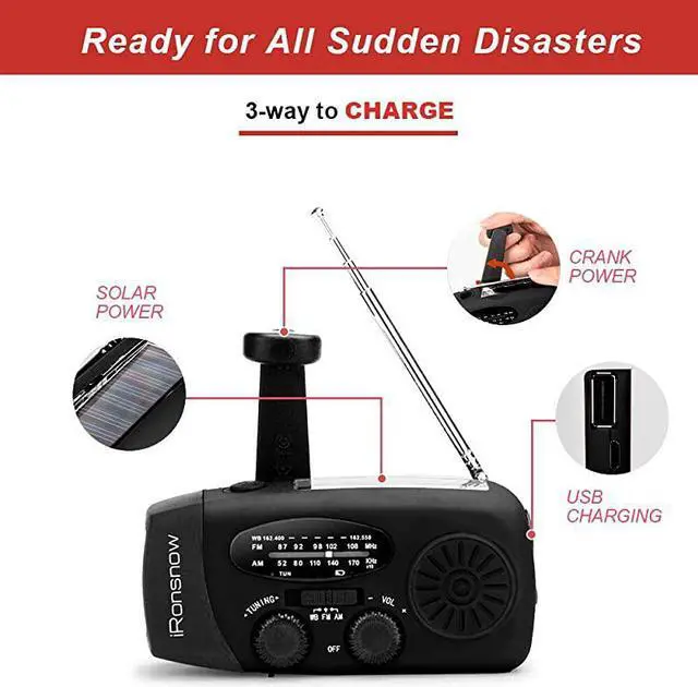 Alt view image 4 of 7 - Upgraded 2000mAh?  Solar Emergency NOAA Weather Radio Dynamo Hand Crank Self Powered AM FM WB Radios 3 LED Flashlight 2000mAh with Charging Indicator Smart Phone Charger Power Bank (Black)