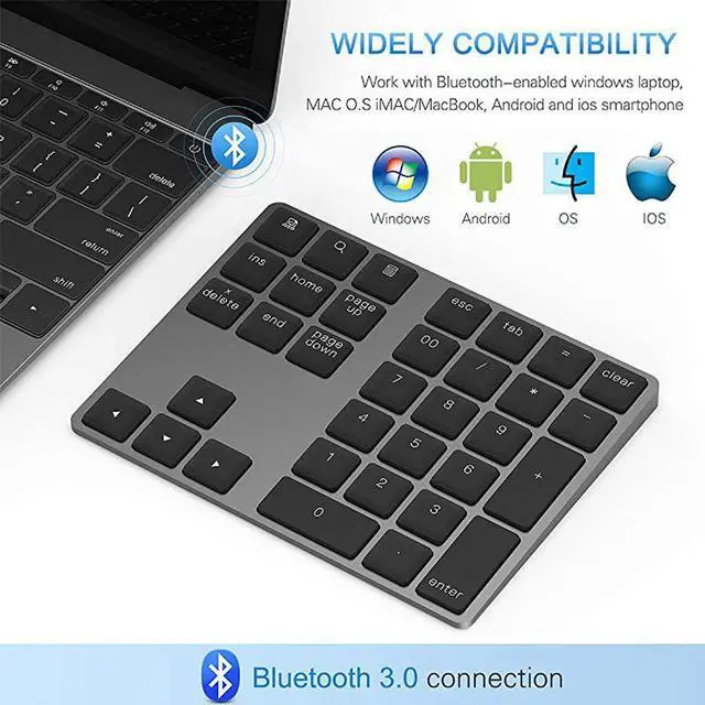 Alt view image 2 of 7 - Bluetooth Number Pad  Aluminum Rechargeable Wireless Numeric Keypad Slim 34Keys External Numpad Keyboard Data Entry Compatible for Macbook MacBook AirPro iMac Windows Laptop Surface Pro etc