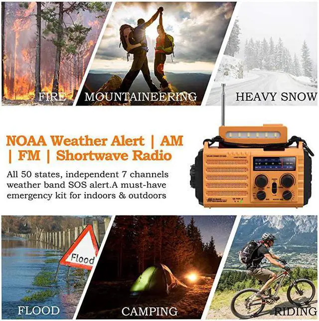 Alt view image 3 of 7 - Solar Hand Crank AMFMSWNOAA Weather Alert Battery Operated Portable Radio with Compass 5W LED Flashlight Reading Lamp SOS Alarm 2000mAh Power Bank for Cellphone Charger Home Camping