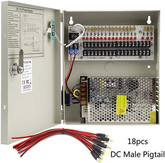 Main image of 18 Channel 12 Volt DC Output CCTV Distributed Power Supply Box for Security Camera with 18 Pcs DC Male Pigtail