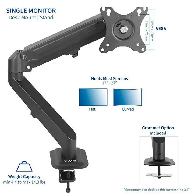 Alt view image 2 of 7 - Black Articulating Single Pneumatic Spring Arm Clampon Desk Mount Stand | Fits 1 Monitor Screen 17 to 27 inches with Max VESA 100x100 STANDV101O