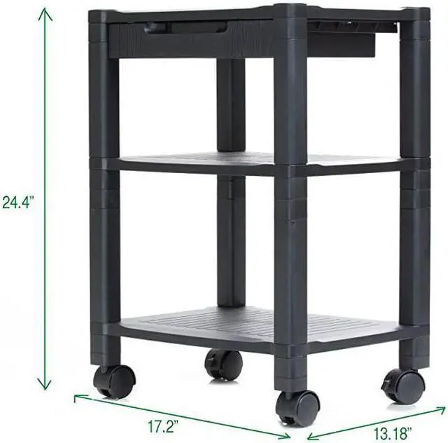 Alt view image 5 of 7 - 3-Shelf Printer Cart, Stand with Wheels, Drawer, Cord Management, Black
