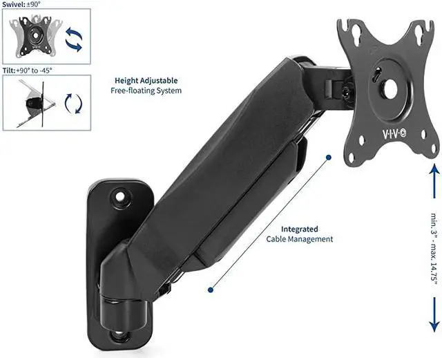 Alt view image 3 of 7 - Black Height Adjustable Pneumatic Arm Single Monitor Wall Mount Full Motion Articulating | fits 17 to 27 inch Screen MOUNTV001A