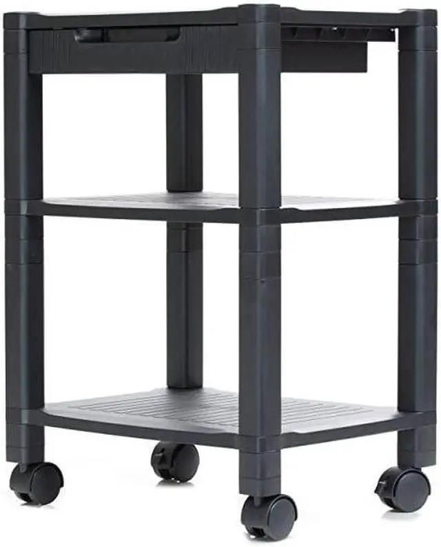 Alt view image 4 of 7 - 3-Shelf Printer Cart, Stand with Wheels, Drawer, Cord Management, Black