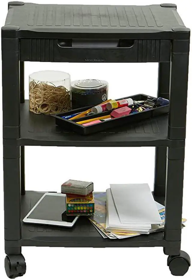 Alt view image 2 of 7 - 3-Shelf Printer Cart, Stand with Wheels, Drawer, Cord Management, Black