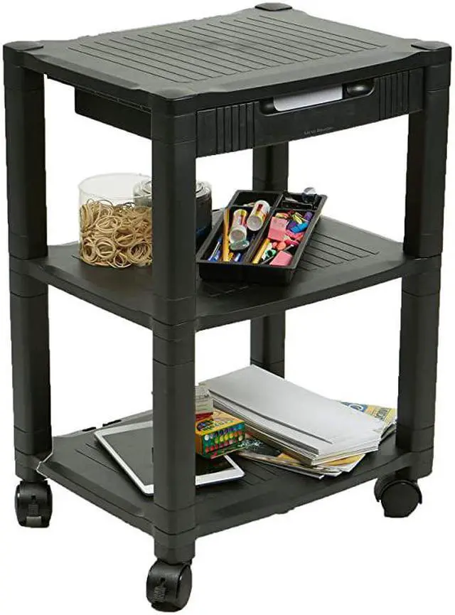 Alt view image 3 of 7 - 3-Shelf Printer Cart, Stand with Wheels, Drawer, Cord Management, Black