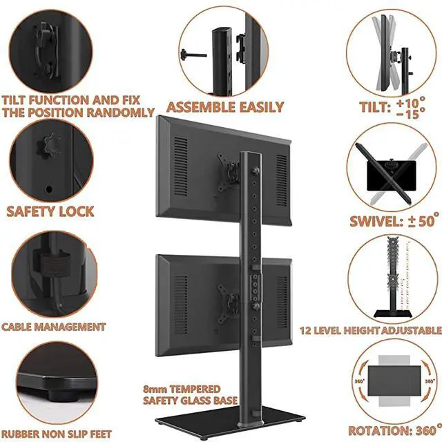 Alt view image 3 of 7 - Monitor Stand Vertical Stack Screen FreeStanding Monitor Riser Fits Two 13 to 30 Inch Screen with Swivel Tilt Height Adjustable Holds One 1 Screen up to 44Lbs HT05B002