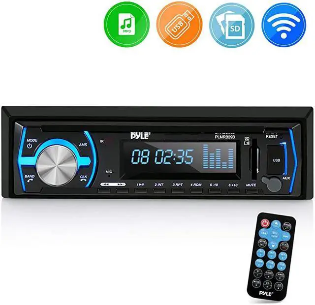 Main image of Marine Bluetooth Stereo Radio 12v Single DIN Style Boat In dash Radio Receiver System with Builtin Mic Digital LCD RCA MP3 USB SD AM FM Radio Remote Control PLMRB29B Black