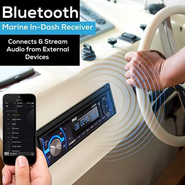 Alt view image 4 of 7 - Marine Bluetooth Stereo Radio 12v Single DIN Style Boat In dash Radio Receiver System with Builtin Mic Digital LCD RCA MP3 USB SD AM FM Radio Remote Control PLMRB29B Black