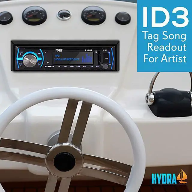 Alt view image 5 of 7 - Marine Bluetooth Stereo Radio 12v Single DIN Style Boat In dash Radio Receiver System with Builtin Mic Digital LCD RCA MP3 USB SD AM FM Radio Remote Control PLMRB29B Black