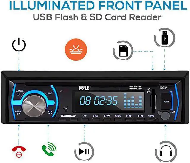 Alt view image 2 of 7 - Marine Bluetooth Stereo Radio 12v Single DIN Style Boat In dash Radio Receiver System with Builtin Mic Digital LCD RCA MP3 USB SD AM FM Radio Remote Control PLMRB29B Black