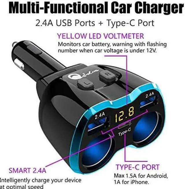 Alt view image 2 of 7 - C Car Charger Cigarette Lighter Splitter Adapter 2 Socket Type C Multi Power Outlet 12V24V 80W DC with LED Voltmeter Switch 58A Dual Port for Mobile Cell Phone GPS Dash Cam