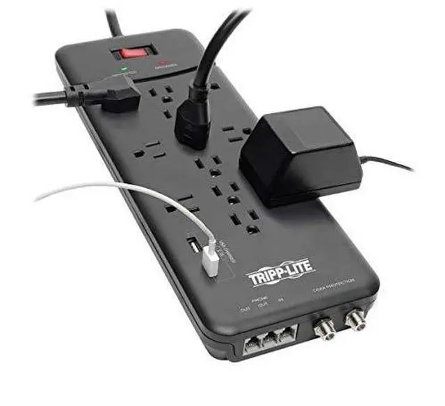 Alt view image 7 of 7 - 12 Outlet Surge Protector Power Strip 2 USB Charging Ports TelModemCoax Protection 8ft Cord Right Angle Plug Black Lifetime Insurance $150K Insurance TLP128TTUSBB