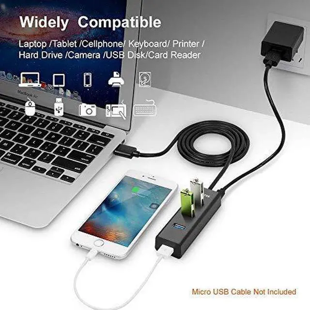 Alt view image 4 of 7 - 4Port USB 30 Hub Long Cable 48inch with Micro USB Charging Port Fast Data Transfer USB Hub Extender Extension Connector Compatible Windows PC Mac Surface Pro Laptop Printer 4FT Black