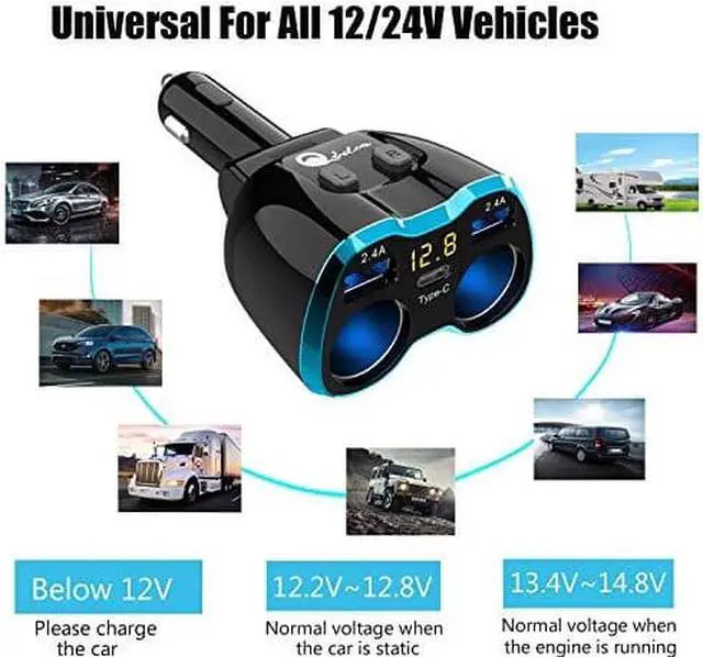 Alt view image 6 of 7 - C Car Charger Cigarette Lighter Splitter Adapter 2 Socket Type C Multi Power Outlet 12V24V 80W DC with LED Voltmeter Switch 58A Dual Port for Mobile Cell Phone GPS Dash Cam