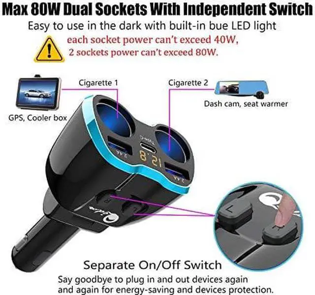 Alt view image 3 of 7 - C Car Charger Cigarette Lighter Splitter Adapter 2 Socket Type C Multi Power Outlet 12V24V 80W DC with LED Voltmeter Switch 58A Dual Port for Mobile Cell Phone GPS Dash Cam