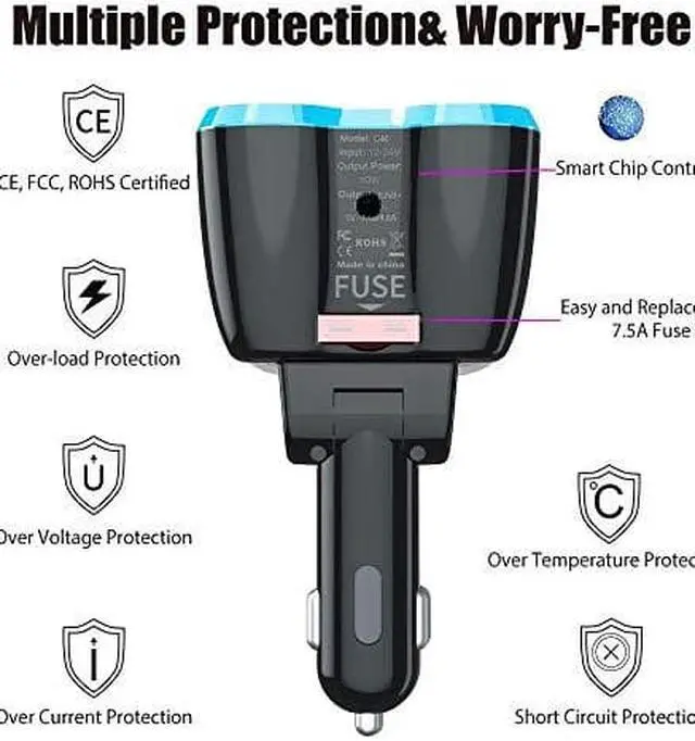 Alt view image 5 of 7 - C Car Charger Cigarette Lighter Splitter Adapter 2 Socket Type C Multi Power Outlet 12V24V 80W DC with LED Voltmeter Switch 58A Dual Port for Mobile Cell Phone GPS Dash Cam