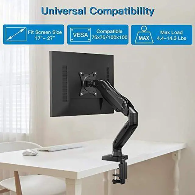 Alt view image 3 of 7 - Monitor Mount Articulating Gas Spring Monitor Arm Adjustable VESA Mount Desk Stand with Clamp and Grommet Base Fits 17 to 27 Inch LCD Computer Monitors 44 to 143lbs