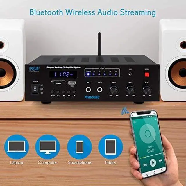 Alt view image 4 of 7 - Wireless Bluetooth Karaoke Amplifier 300 Watts 2 Channel Digital Home Audio PA Receiver System 2 Microphone Input Control FM Radio USB12 Volt Power Option  PFA600BU