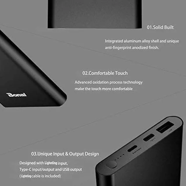 Alt view image 2 of 7 - Portable Charger  12000mAh Power Bank Aluminum Powerful Travel USB C HighSpeed 30A InputOutput Compatible iPhone iPad Samsung Android MacBook Charging Cable Include Black