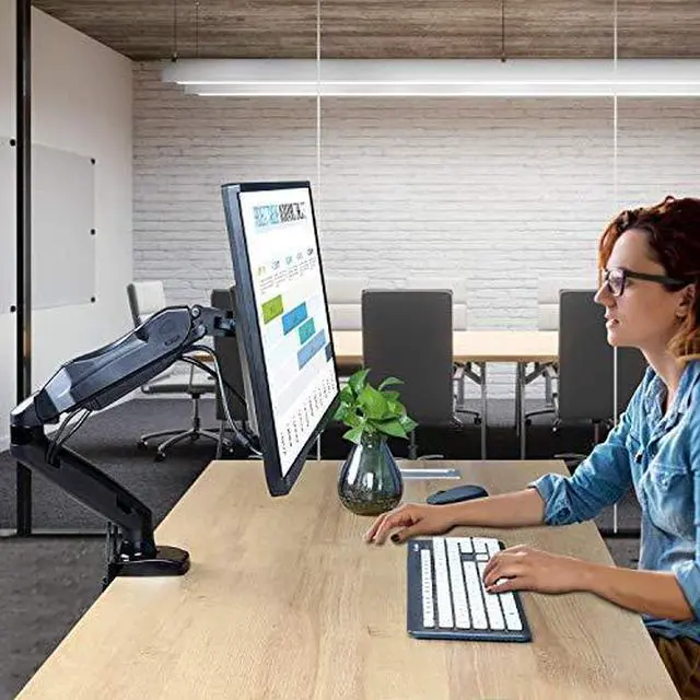 Alt view image 2 of 7 - Monitor Mount Articulating Gas Spring Monitor Arm Adjustable VESA Mount Desk Stand with Clamp and Grommet Base Fits 17 to 27 Inch LCD Computer Monitors 44 to 143lbs
