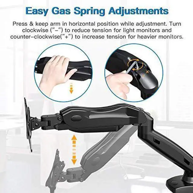 Alt view image 5 of 7 - Monitor Mount Articulating Gas Spring Monitor Arm Adjustable VESA Mount Desk Stand with Clamp and Grommet Base Fits 17 to 27 Inch LCD Computer Monitors 44 to 143lbs