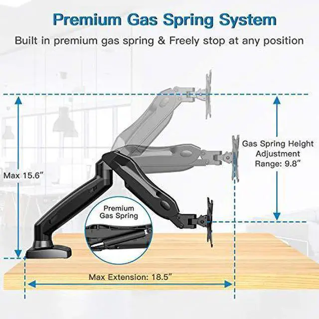 Alt view image 4 of 7 - Monitor Mount Articulating Gas Spring Monitor Arm Adjustable VESA Mount Desk Stand with Clamp and Grommet Base Fits 17 to 27 Inch LCD Computer Monitors 44 to 143lbs