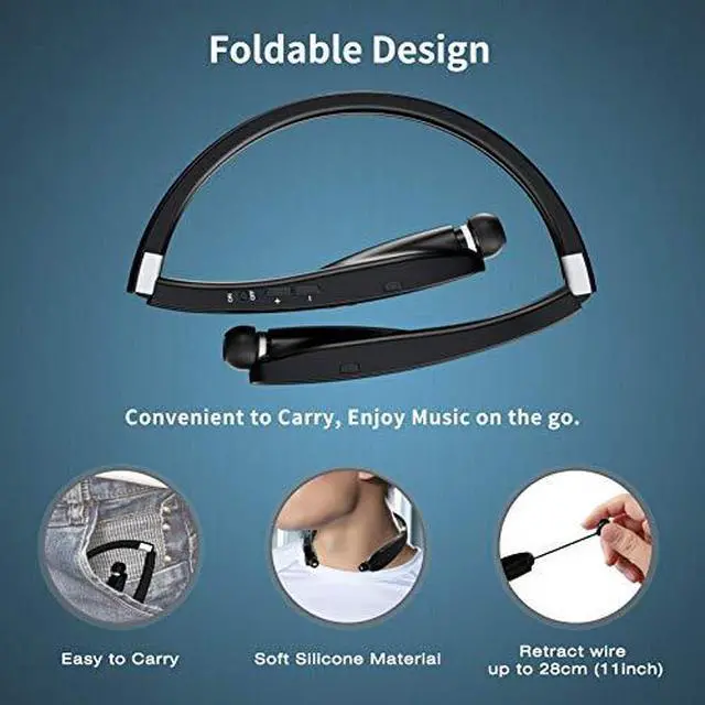 Alt view image 4 of 7 - Foldable Bluetooth Headphones Wireless Neckband Headset with Retractable Earbuds Sports Sweatproof Noise Cancelling Stereo Earphones with Mic Black