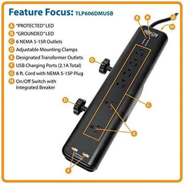 Alt view image 4 of 4 - 6 Outlet Surge Protector Power Strip Clamp Mount 6ft Cord 2100 Joules Dual USB INSURANCE TLP606DMUSB