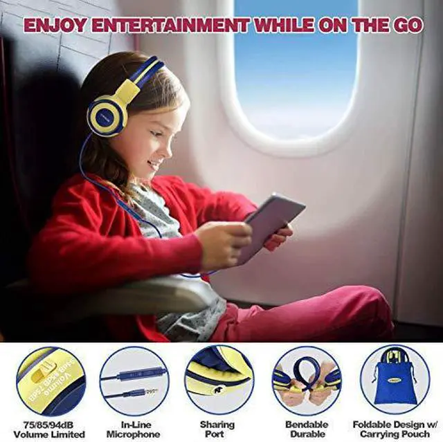 Alt view image 2 of 7 - Kids Headphones with Microphone 94dB85dB75dB Volume Limited Headphone Share Port OnEar Wired Stereo Headphone with AUX Jack Foldable Durable Headphones for ChildrenTeens Yellow