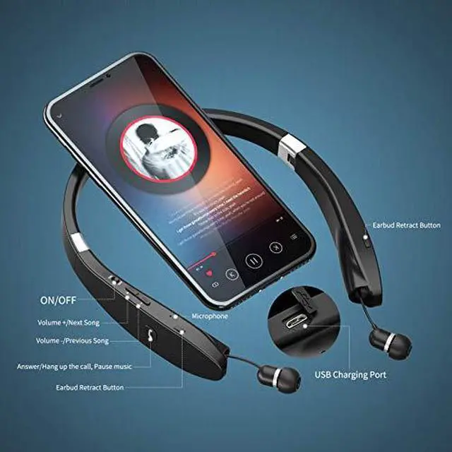 Alt view image 2 of 7 - Foldable Bluetooth Headphones Wireless Neckband Headset with Retractable Earbuds Sports Sweatproof Noise Cancelling Stereo Earphones with Mic Black