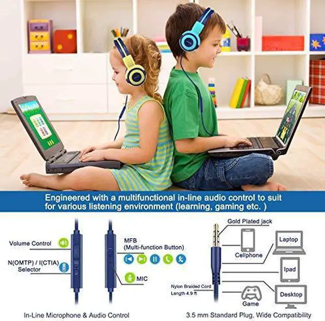 Alt view image 5 of 7 - Kids Headphones with Microphone 94dB85dB75dB Volume Limited Headphone Share Port OnEar Wired Stereo Headphone with AUX Jack Foldable Durable Headphones for ChildrenTeens Yellow