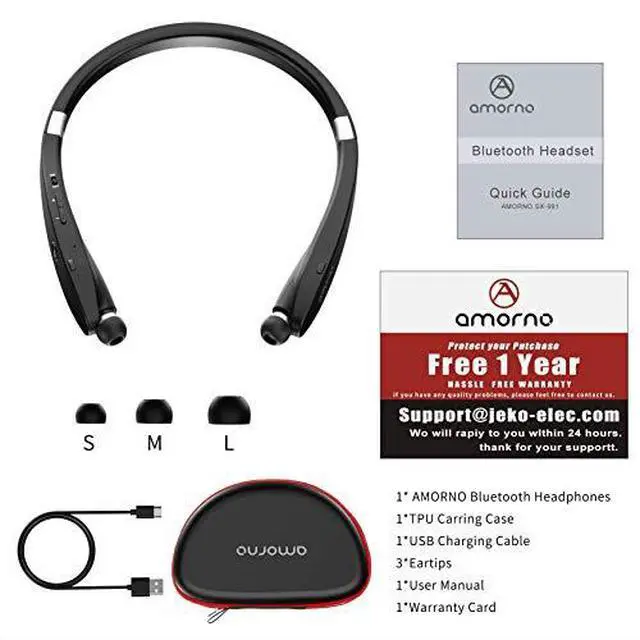 Alt view image 7 of 7 - Foldable Bluetooth Headphones Wireless Neckband Headset with Retractable Earbuds Sports Sweatproof Noise Cancelling Stereo Earphones with Mic Black