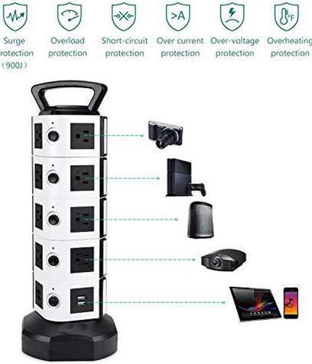 Alt view image 2 of 6 - Power Strip Tower  Surge Protector Electric Charging Station 3000W 13A 18 AC Outlets 4 USB Ports with 16AWG 65ft Heavy Duty Extension Cord Universal for Home Office