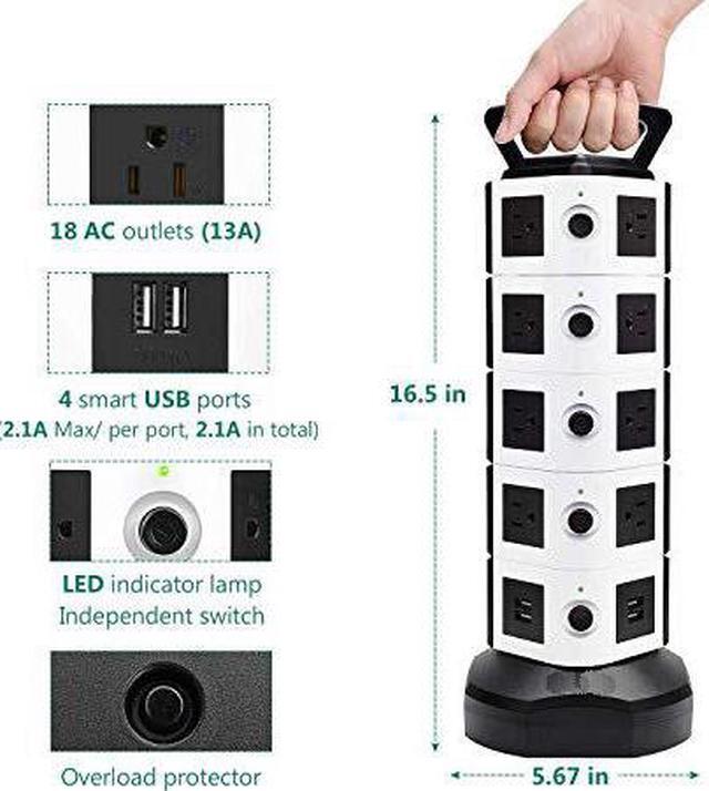 Alt view image 4 of 6 - Power Strip Tower  Surge Protector Electric Charging Station 3000W 13A 18 AC Outlets 4 USB Ports with 16AWG 65ft Heavy Duty Extension Cord Universal for Home Office