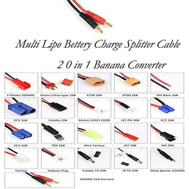 Alt view image 2 of 2 - RC Lipo Battery Charger Adapter with Multi Plug Squid Charger Adapter to 40mm Banana Bullet Connector for TRX Tamiya EC3 JST Futaba XT60 T Dean 20 in 1