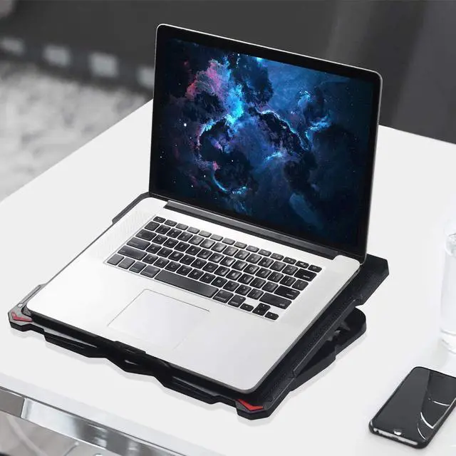 Alt view image 6 of 7 - AICHESON Laptop Cooling Pad 5 Fans Up to 17.3 Inch Heavy Notebook Cooler, Blue LED Lights, 2 USB Ports, S035, Blue-5fans