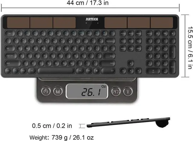 Alt view image 6 of 7 - Arteck Wireless Solar Keyboard Full Size Solar Recharging Keyboard for Computer/Desktop/PC/Laptop/Surface/Smart TV and Windows 10/8 / 7 / Vista/XP Built in Rechargeable Battery