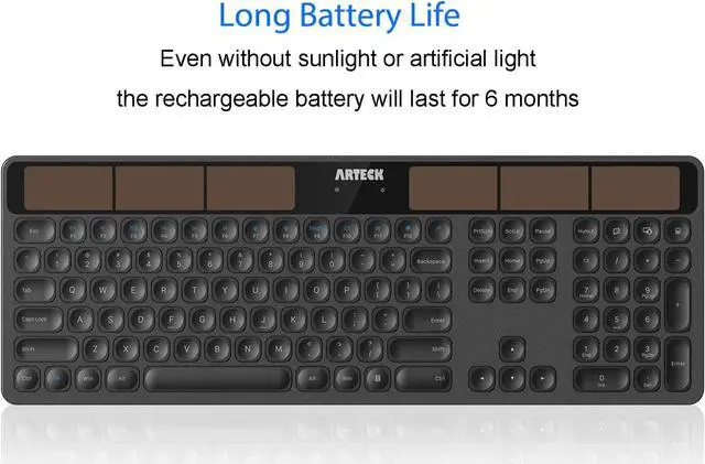 Alt view image 5 of 7 - Arteck Wireless Solar Keyboard Full Size Solar Recharging Keyboard for Computer/Desktop/PC/Laptop/Surface/Smart TV and Windows 10/8 / 7 / Vista/XP Built in Rechargeable Battery