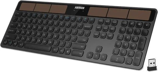 Main image of Arteck Wireless Solar Keyboard Full Size Solar Recharging Keyboard for Computer/Desktop/PC/Laptop/Surface/Smart TV and Windows 10/8 / 7 / Vista/XP Built in Rechargeable Battery