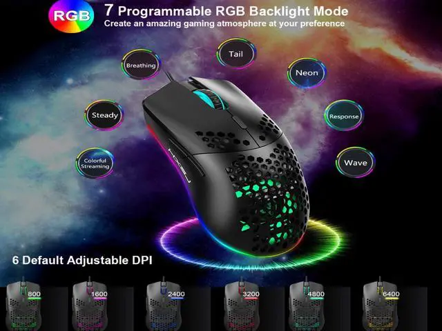 Alt view image 2 of 7 - USB Mouse with Lightweight Honeycomb Shell, Ergonomic Optical Computer Gaming Mice, 6400 DPI Adjustable,6 RGB Lighting Gaming Mice & 7 Buttons Programmable Driver for PC Gamers and Xbox and PS4