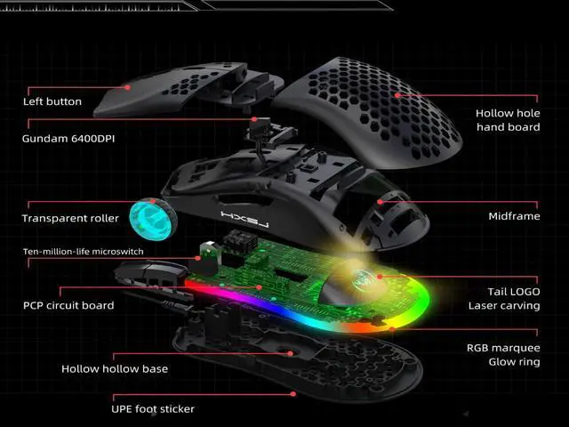 Alt view image 3 of 7 - USB Mouse with Lightweight Honeycomb Shell, Ergonomic Optical Computer Gaming Mice, 6400 DPI Adjustable,6 RGB Lighting Gaming Mice & 7 Buttons Programmable Driver for PC Gamers and Xbox and PS4