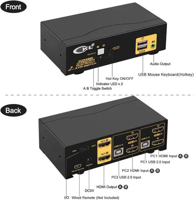 Alt view image 2 of 7 - 2 Port KVM Switch Dual Monitor HDMI 4K 60Hz for 2 Computers 2 Extended Display with Cables, No Extra USB 2.0 HUB, Supports YUV 4:4:4, HDCP 1.4, HDR 10, EDID, Audio, Hotkey 922HUA-1A