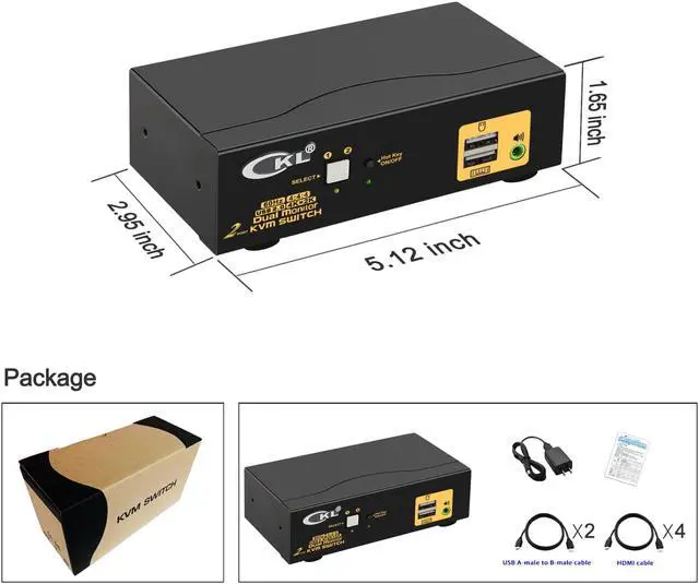 Alt view image 3 of 7 - 2 Port KVM Switch Dual Monitor HDMI 4K 60Hz for 2 Computers 2 Extended Display with Cables, No Extra USB 2.0 HUB, Supports YUV 4:4:4, HDCP 1.4, HDR 10, EDID, Audio, Hotkey 922HUA-1A
