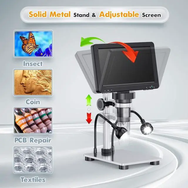 Alt view image 2 of 7 - 7'' LCD Digital Microscope 1200X, 1080P Coin Microscope with 12MP Camera Sensor, Wired Remote, 10 LED Lights, Soldering Electronic Microscope for Adult, Compatible with Windows/Mac OS