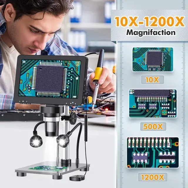 Alt view image 6 of 7 - 7'' LCD Digital Microscope 1200X, 1080P Coin Microscope with 12MP Camera Sensor, Wired Remote, 10 LED Lights, Soldering Electronic Microscope for Adult, Compatible with Windows/Mac OS