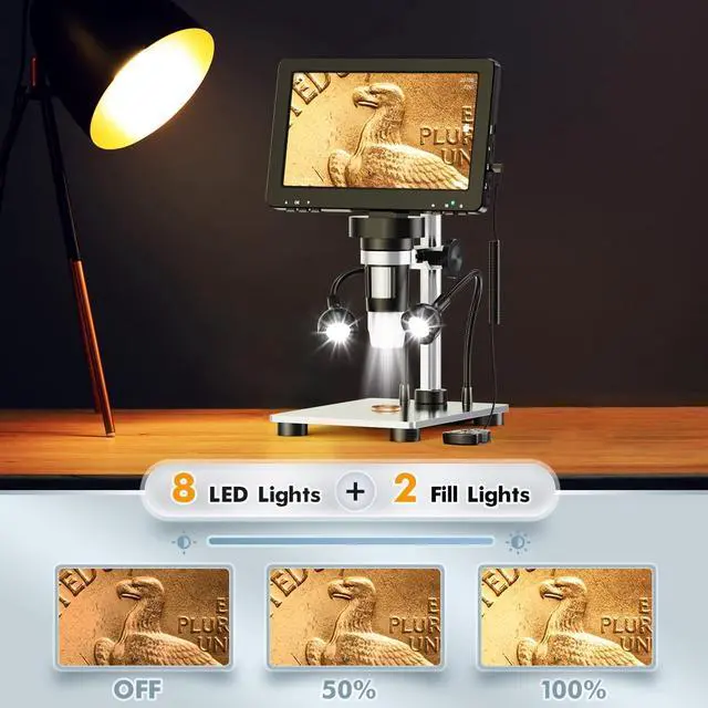 Alt view image 4 of 7 - 7'' LCD Digital Microscope 1200X, 1080P Coin Microscope with 12MP Camera Sensor, Wired Remote, 10 LED Lights, Soldering Electronic Microscope for Adult, Compatible with Windows/Mac OS